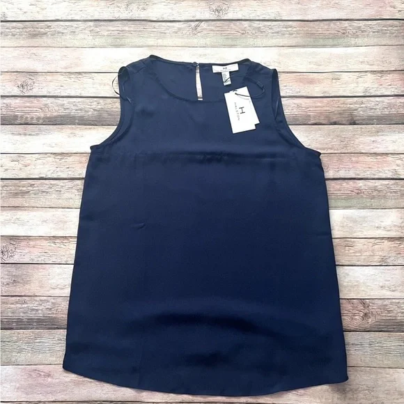 H by Halston Sleeveless Blouse Mixed Media Top Size S Navy - Picture 3 of 4